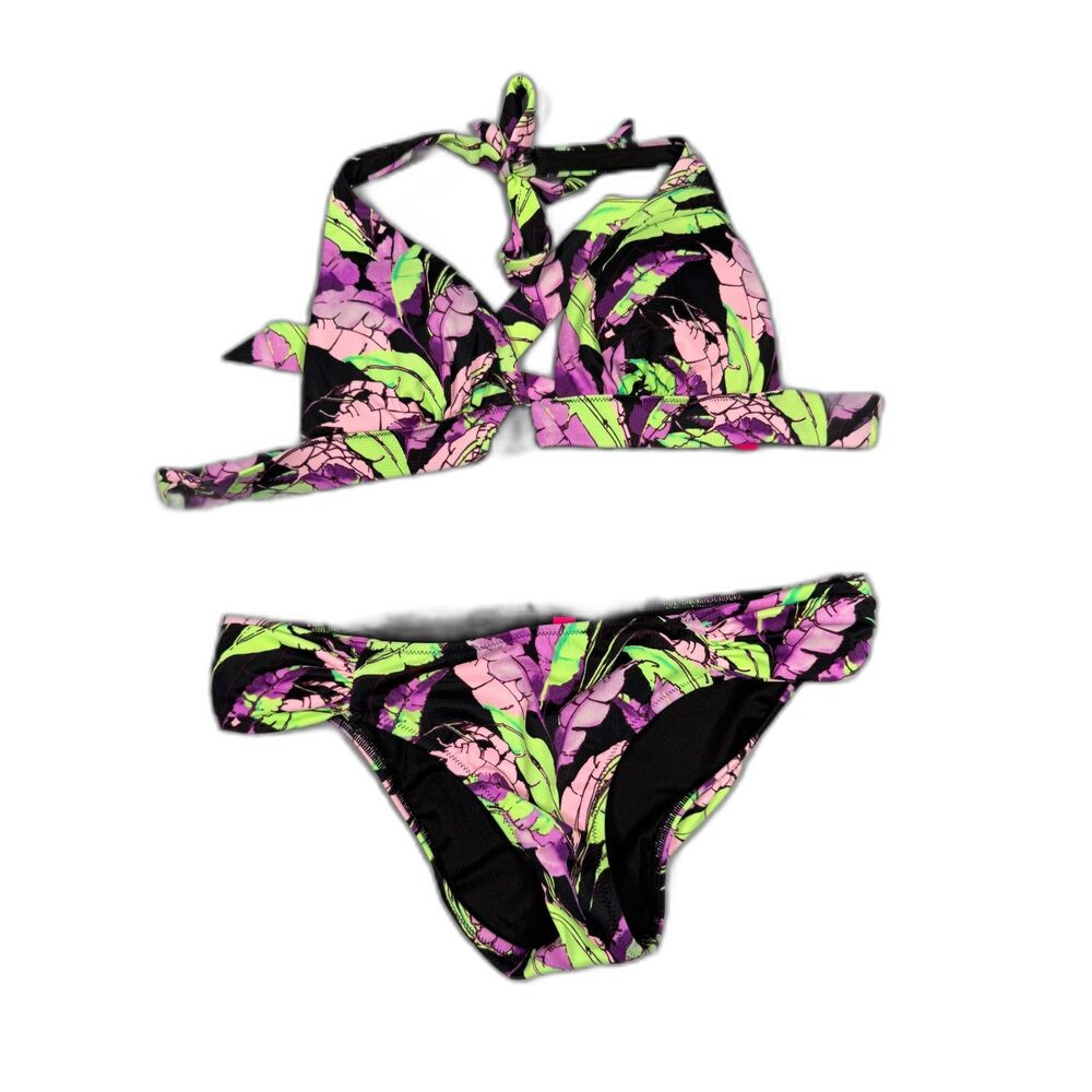 Victorias Secret Bikini Set XS Top S Bottoms Neon Tropical Floral Swimsuit 2pc